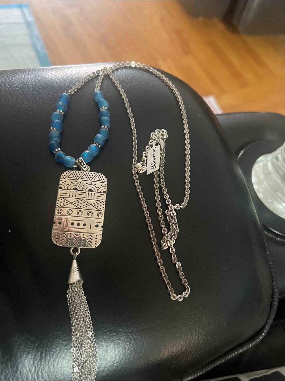 Brighton Africa story Blue Bead Silver-Tone Embossed Pendant Necklace with Tasse